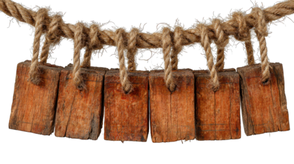 Wood pieces hung by knotted thick rope