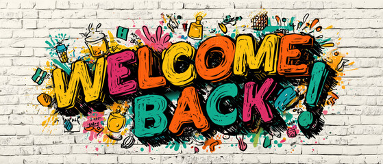Colorful Welcome Back graffiti on brick wall