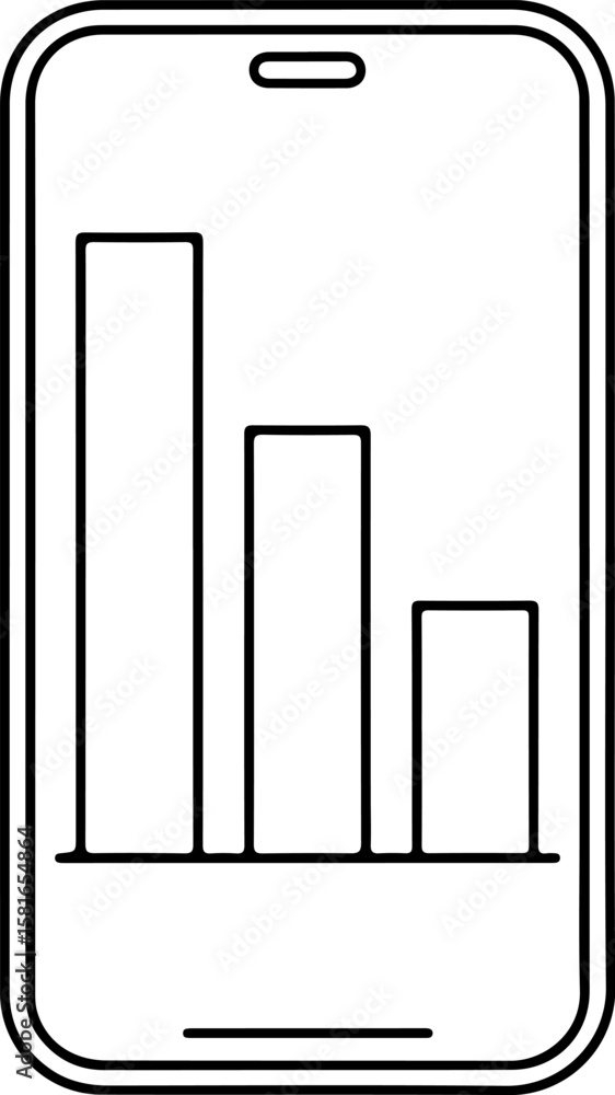 Poster simple line art icon of a smartphone displaying a decreasing bar chart