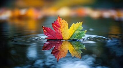 Colorful Rainbow Maple Leaf Reflecting in Water