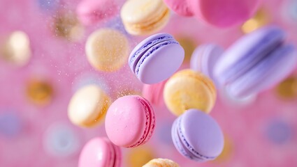 Obraz premium Assortment of pastel macarons falling and floating in mid air