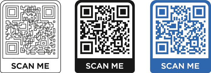 Three QR code variations featuring scan me text for mobile access