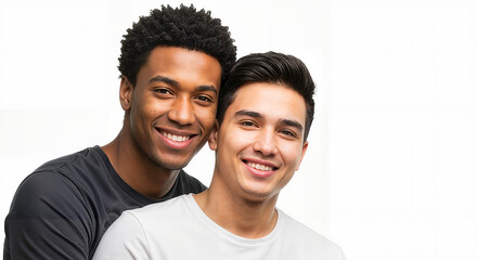 Obraz premium two smiling young men embracing each other with a cheerful mood in a bright studio background