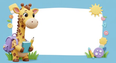 Obraz premium adorable cartoon giraffe with a backpack holding a notebook and pencil in a colorful educational design. A postcard with a large place for text 
