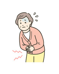 腹痛でお腹を押さえて苦しむ高齢女性の上半身イラスト
