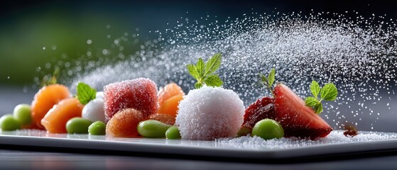 Colorful fruit platter with artistic sugar dusting