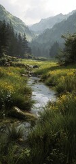 Beautiful natural images with valley water and wild flowers