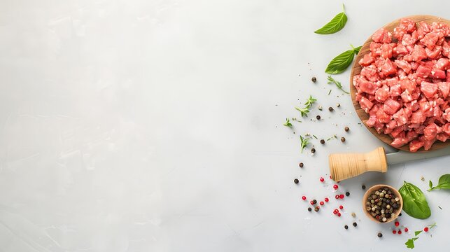 Raw Diced Meat with Spices and Herbs on Gray Background