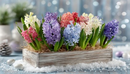 Colorful hyacinths in a wooden box