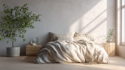 Minimal Bedroom with Unmade Bed, Soft Linen and Plants – Cozy Sunlight Interior