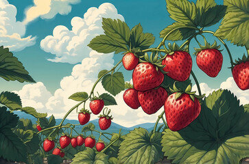 close-up illustration of ripe strawberries on the vine