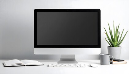 Fototapeta premium Minimalist workspace featuring a sleek computer, aloe plant, and open notebook on a white desk