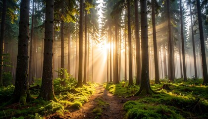 Obraz premium Sunlight streams through misty forest