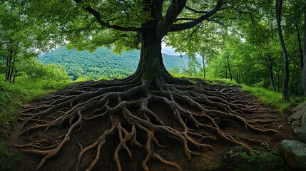 Complex Network of Tree Roots Spread Out in Panoramic View