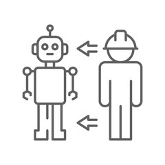 Robot Replacing Human Icon. Outline Style. Editable Stroke Vector. Worker and Machine with Arrows. Labor Shortage Response. Workplace Automation Symbol. AI Substitution in Industry and Factory Jobs.