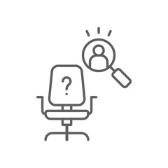 Hiring Search Icon. Outline Style. Editable Stroke Vector. Vacant Office Chair with Magnifying Glass Highlighting Candidate. Labor Shortage Crisis. Workforce Recruitment and Job Vacancy Concept.