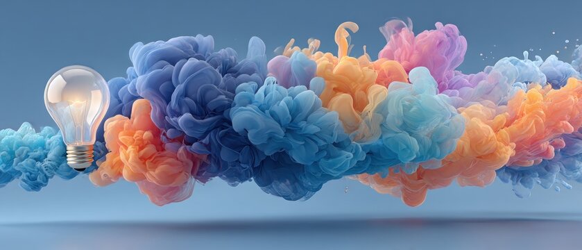 Colorful ink clouds with a lightbulb