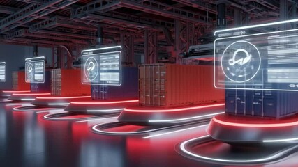 High-tech warehouse with automated systems managing colorful shipping containers and digital interfaces - Powered by Adobe