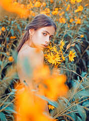 Autumn Woman Portrait In Fall Yellow Leaves, Pretty Girl in Autumn Park Outdoor. October Season....