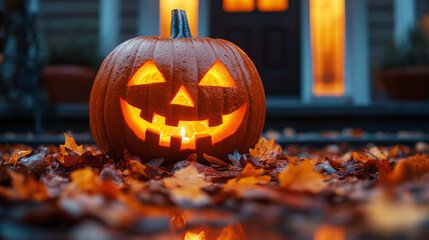 Jack O'Lantern's Glow: A carved pumpkin, illuminated from within, rests amidst a carpet of autumn leaves, embodying the spirit of Halloween with a playful grin.