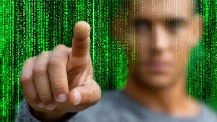 Man interacts with a digital data stream, touching the screen