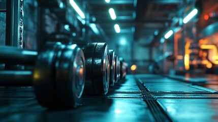 Fototapeta premium Heavy barbell lying on the floor of a gym in a deserted industrial building with dramatic lighting 