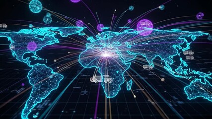 Futuristic digital world map illustrating global connectivity with vibrant data streams and nodes - Powered by Adobe
