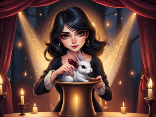cartoon painting of young woman magician pulling a rabbit from a top hat on stage