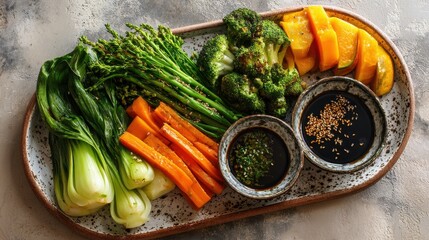 Colorful Assortment of Fresh Vegetables with Dipping Sauces