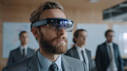 Businessman Wearing Smart Glasses in Modern Office Setting