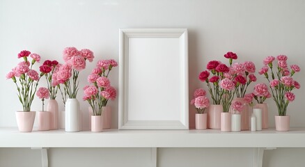 Pink carnations flank a white frame on a white shelf