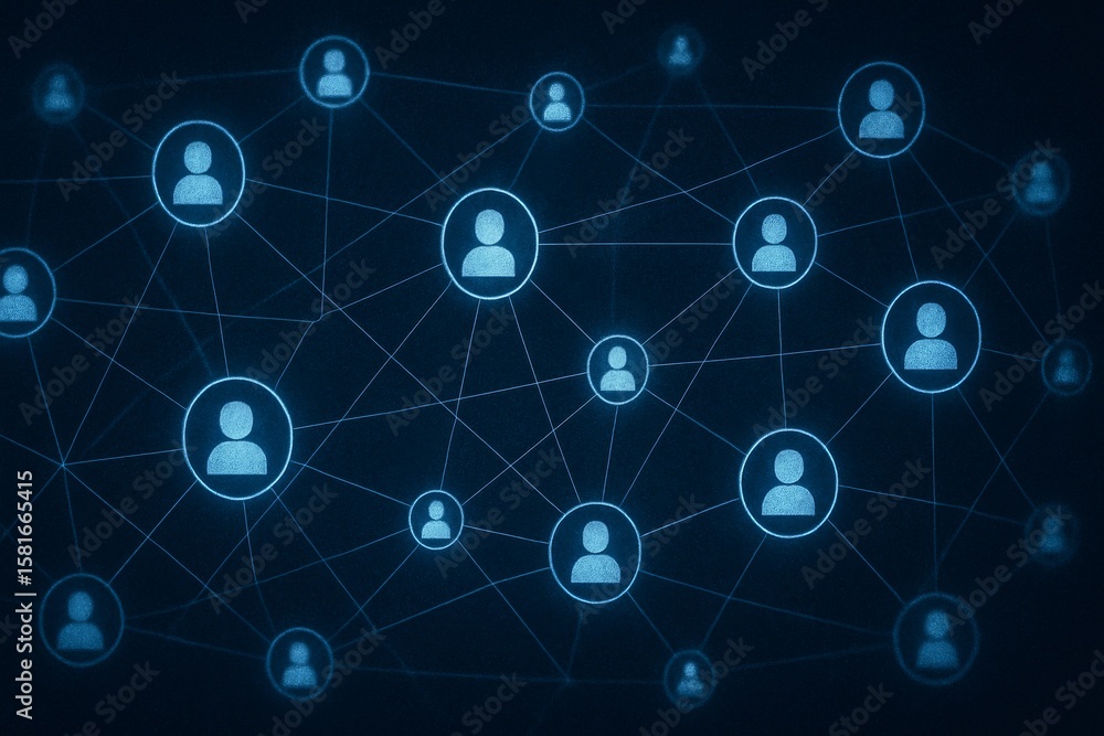 Poster blue digital network with user icons and connections in visualization