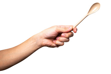 Male hand holding a brown plastic spoon isolated on white background.
