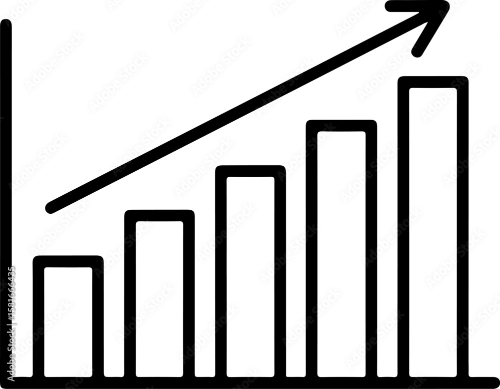 Poster simple black and white line art bar graph showing upward trend with arrow