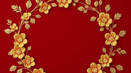 Luxury gold leaf swirl frame over dark red background, ideal for wedding invitations, elegant greeting cards, royal certificates, premium poster design, or festive event templates