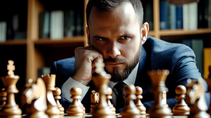 Businessman play with chess game in office, concept of business strategy and tactic, Generative ai