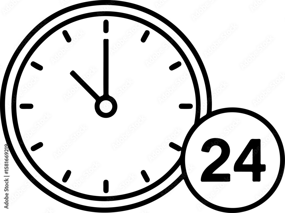 Poster simple line art icon of a clock face with 24 hour service symbol