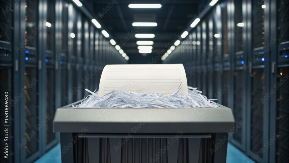 Poster shredded paper sits in a bin within a high-tech server room, showcasing a blend of technology and da