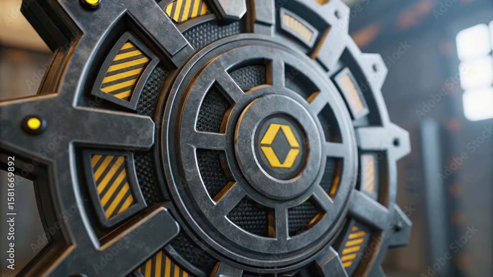 Poster a futuristic mechanical component with intricate design and glowing elements, set in a modern indust