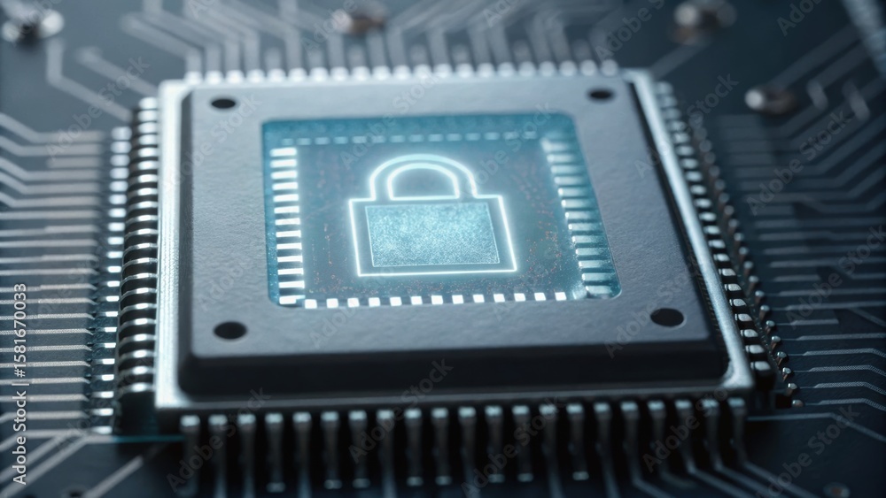 Poster high-tech microchip featuring a digital lock symbol, representing cybersecurity and data protection 