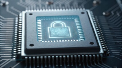 High-tech microchip featuring a digital lock symbol, representing cybersecurity and data protection in technology.
