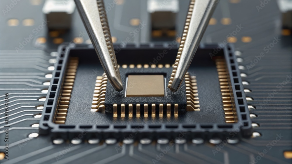 Aufkleber close-up of a microchip being handled with precision tweezers on a circuit board, showcasing technol