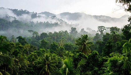 Obraz premium Misty Tropical Rainforest Canopy with Palm Trees and Distant Mountains