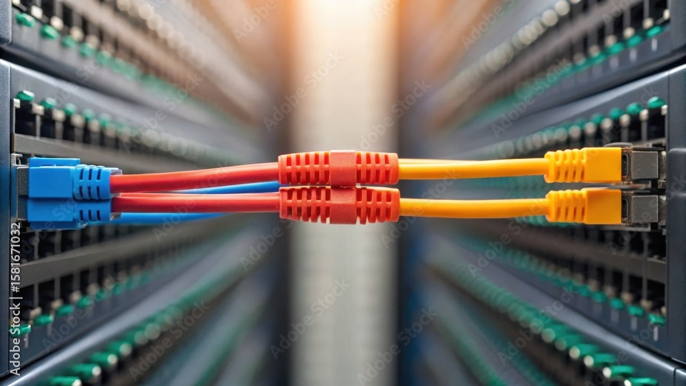 Poster image of colorful network cables connecting servers in a data center, highlighting technology and co