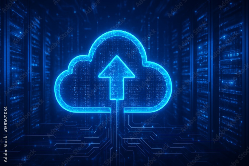 Poster futuristic cloud upload symbol in abstract digital environment