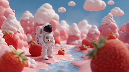 Astronaut on Strawberry in a Whimsical Ice Cream Landscape.