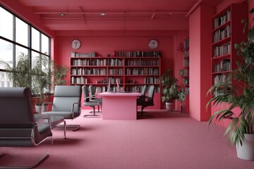 Pink study with bookshelves and office furniture