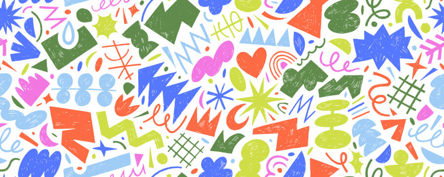 Colorful geometric seamless pattern with funky crayon drawn shapes. Abstract pencil doodle shapes, naive geometric figures and forms. Sketchy colorful seamless banner design. Kid's wrapping paper.