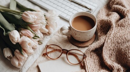 Beige Minimalist Workspace Flatlay with Eyeglasses Coffee and Flowers.