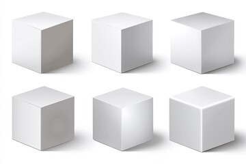 Six white 3D cubes with varying light and shadow effects